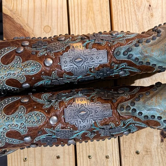 Double D Ranch Brown and Turquoise Embroidered Western Heeled Boots - Picture 6 of 8